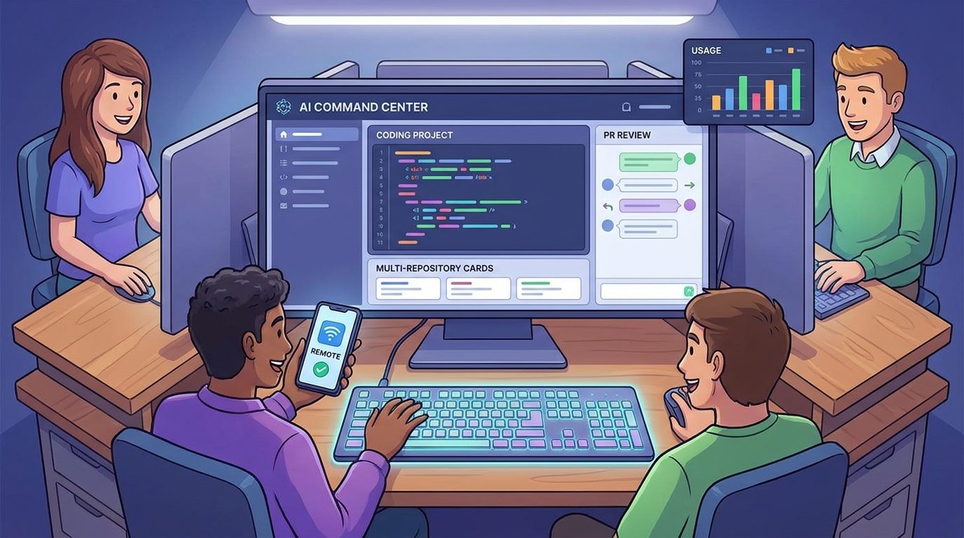 Cartoon developers using Codex inside the ChatGPT desktop app with projects, pull requests, mobile approvals, and code review panels
