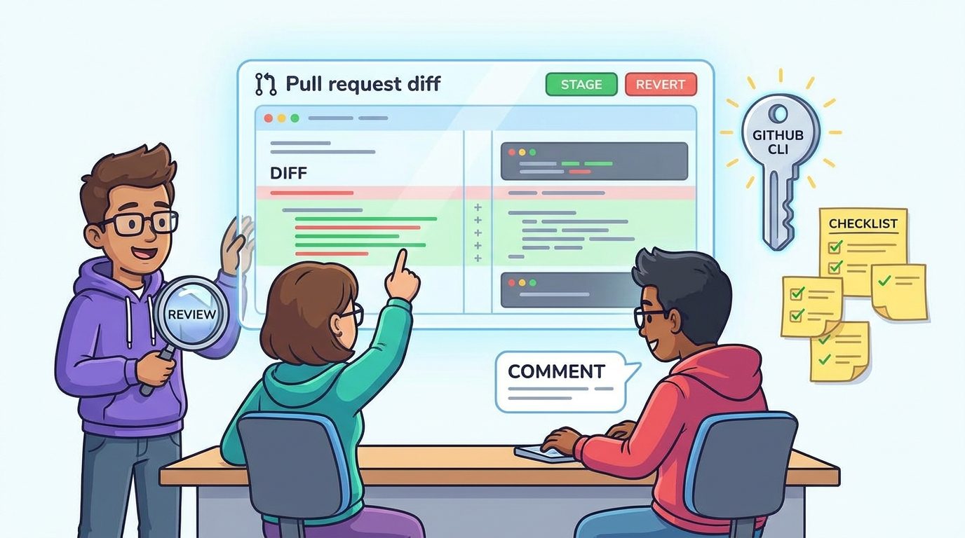 Cartoon developers using ChatGPT Codex pull request review sidebar with diff comments and safety checklist