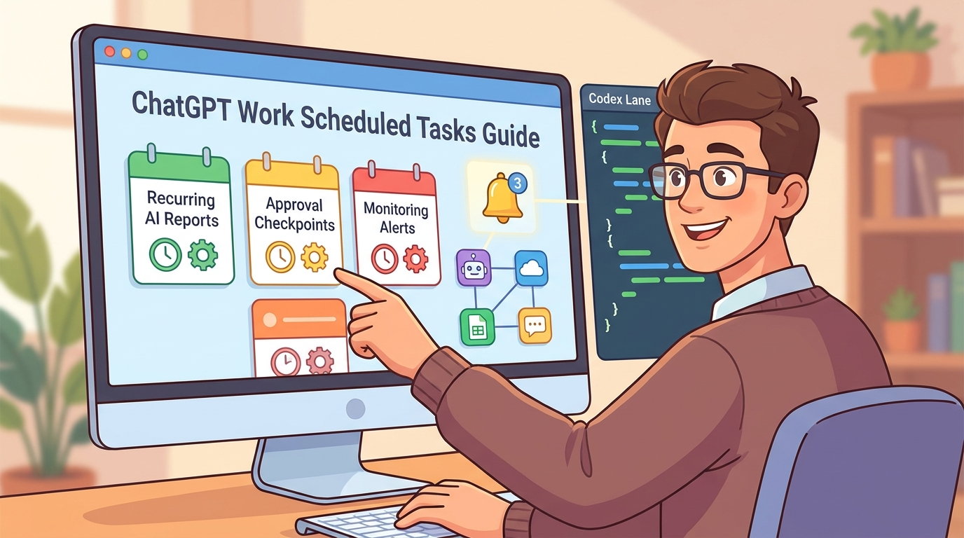 Cartoon professional setting up ChatGPT Work Scheduled Tasks for reports, monitoring alerts, and approval checkpoints