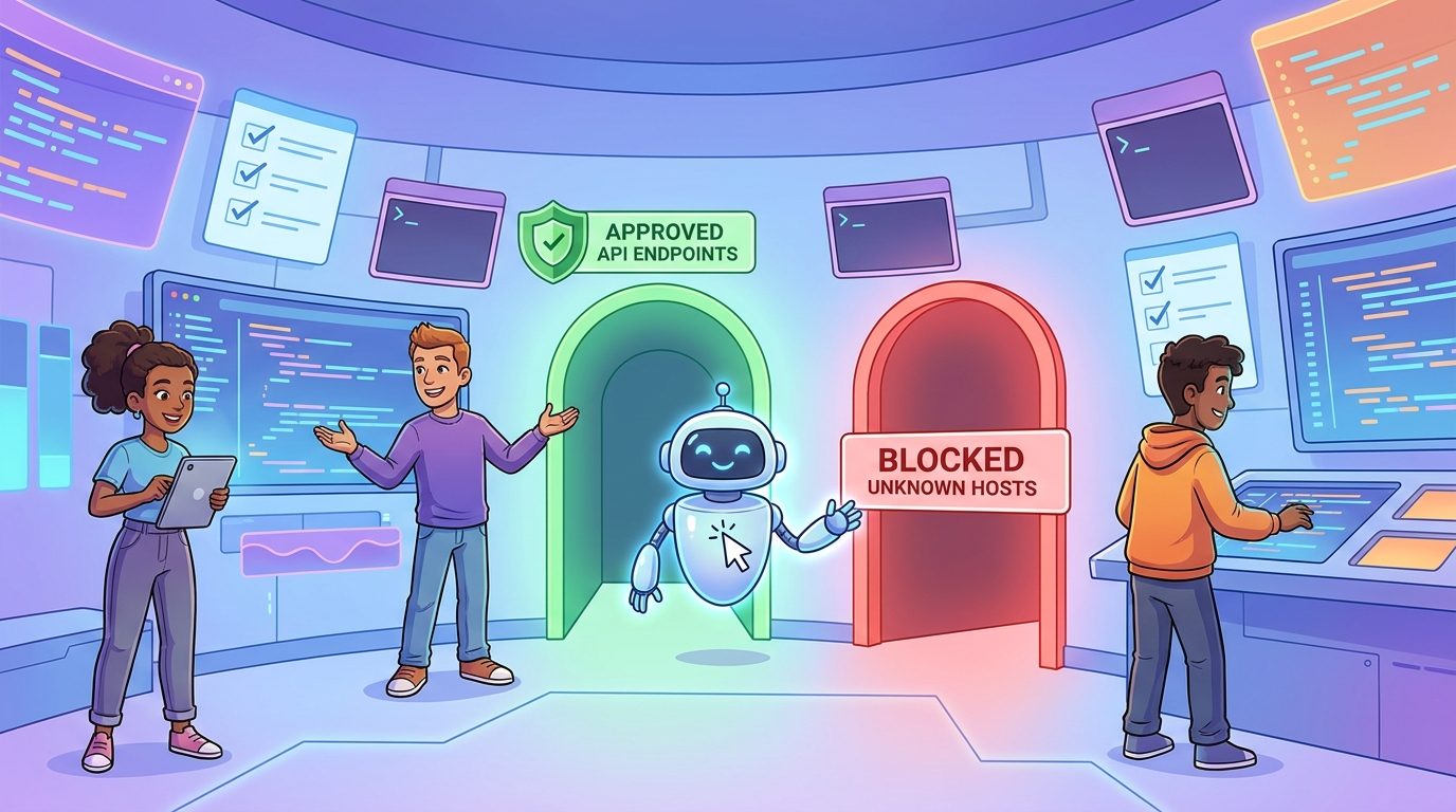 Cartoon developers guiding a Claude Code agent through approved API endpoints and blocked unknown hosts