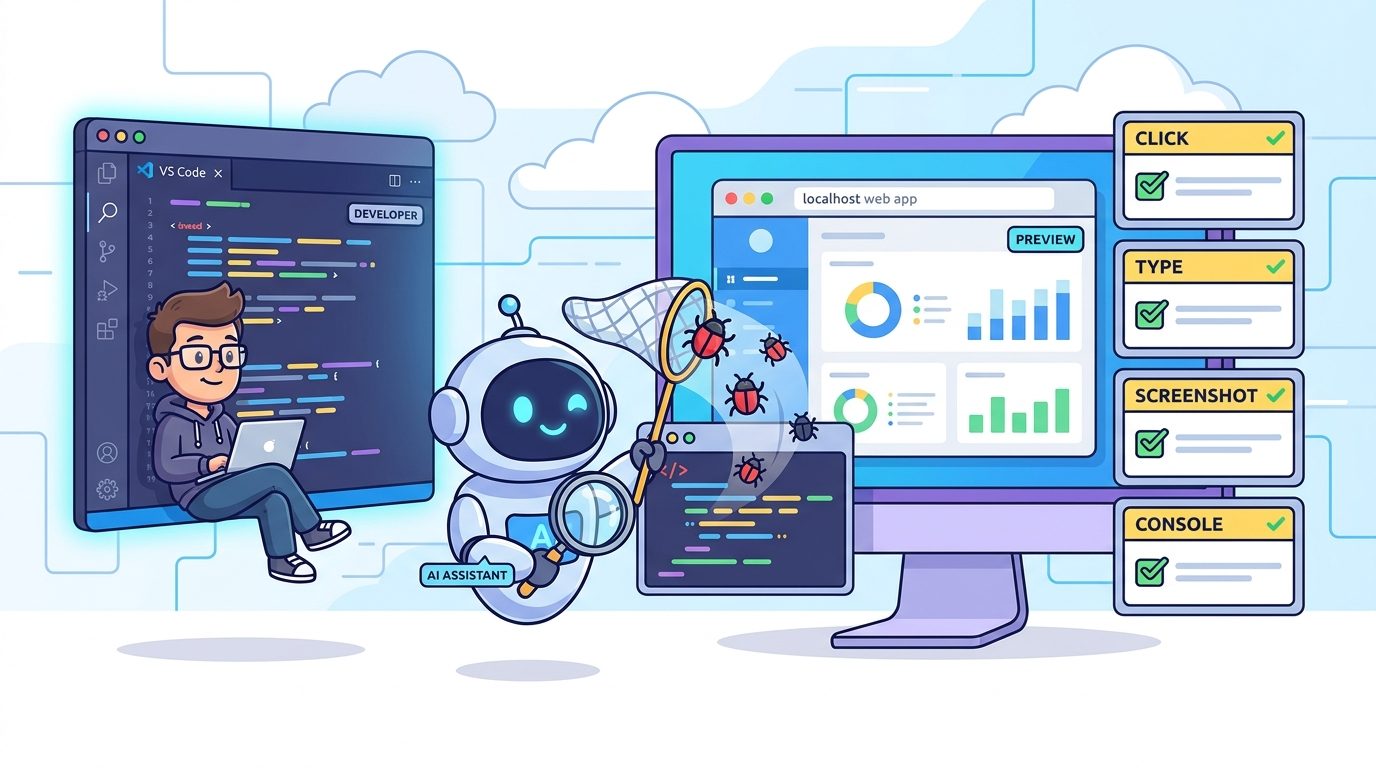 Developer testing a localhost web app in VS Code with GitHub Copilot browser tools