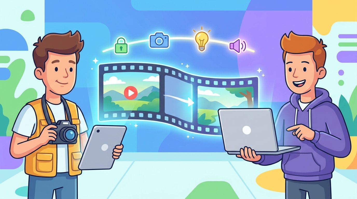 Cartoon filmmaker and developer extending an AI video scene on a storyboard timeline while continuity markers stay locked