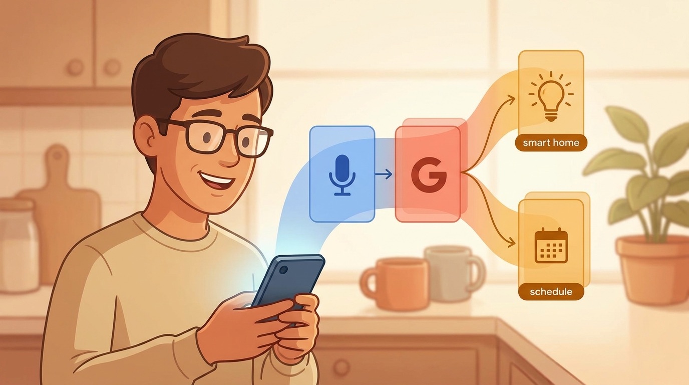 Illustrated Android user using Gemini with smart-home and calendar workflow cards