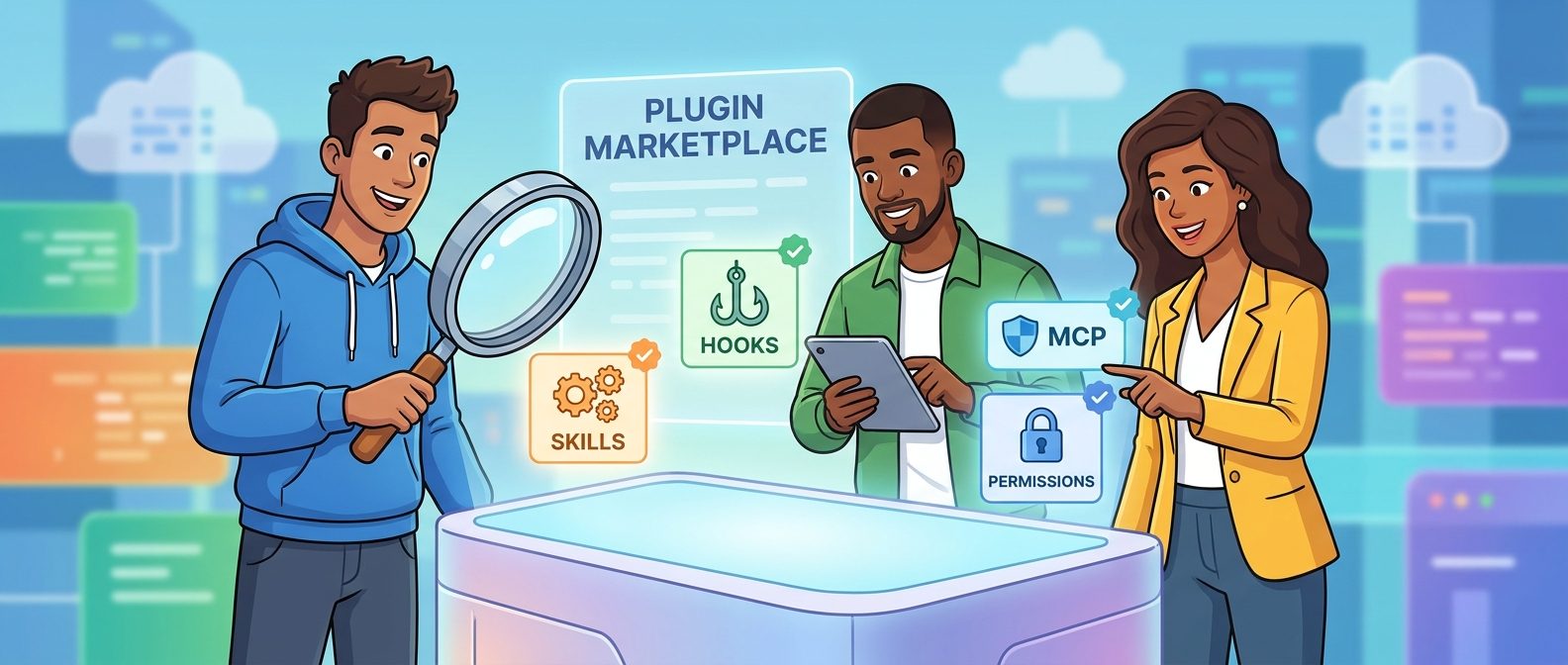 Developer reviewing a Claude Code plugin install checklist with skills, hooks, MCP servers, permissions, and marketplace details before enabling the plugin