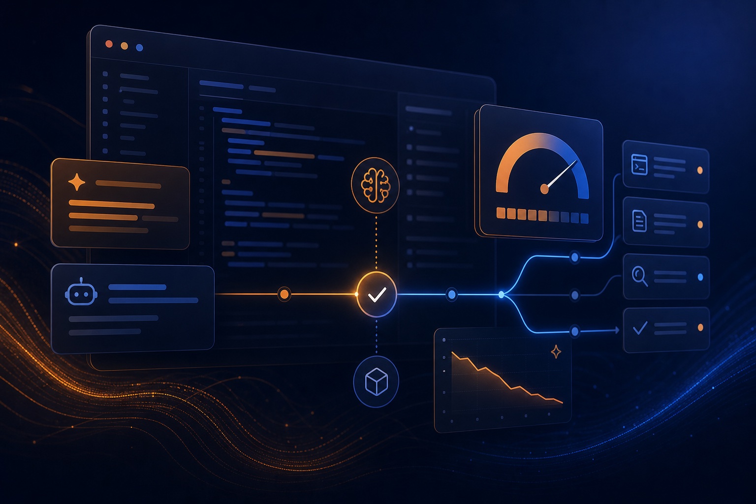 Abstract AI coding workflow dashboard showing Claude Code usage optimization and token budget controls