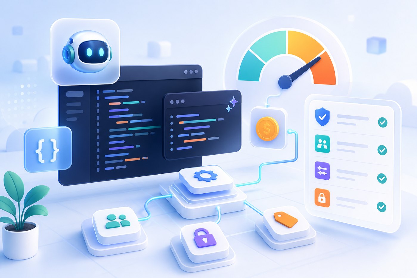 Bright editorial illustration of GitHub Copilot AI Credit workflow and cost controls