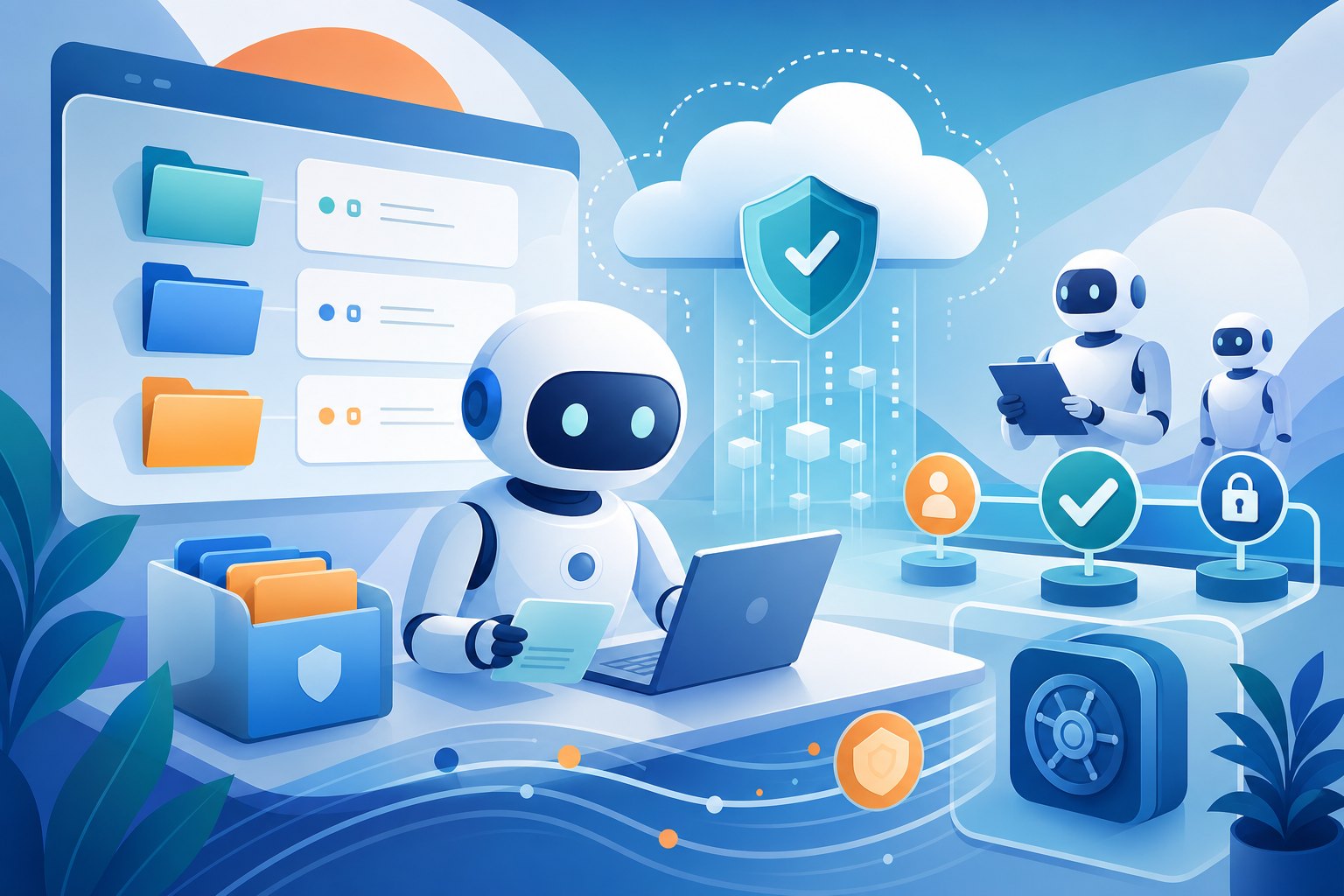 Bright abstract illustration of enterprise AI agent memory governance with folders, shields, and review checkpoints