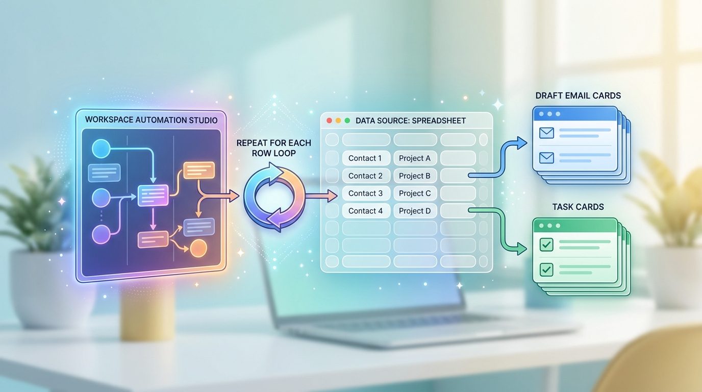 Google Workspace Studio workflow board connected to Google Sheets row loops and draft email cards