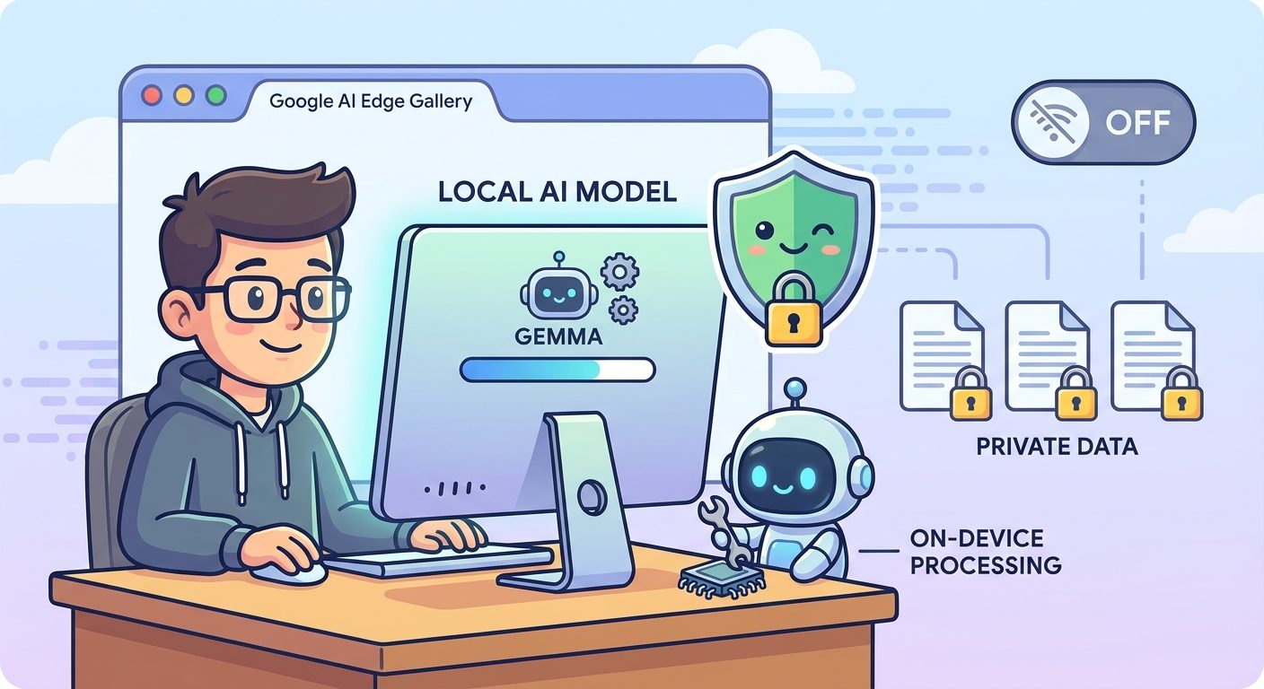 Cartoon Mac user running Google AI Edge Gallery locally with privacy shield and offline controls