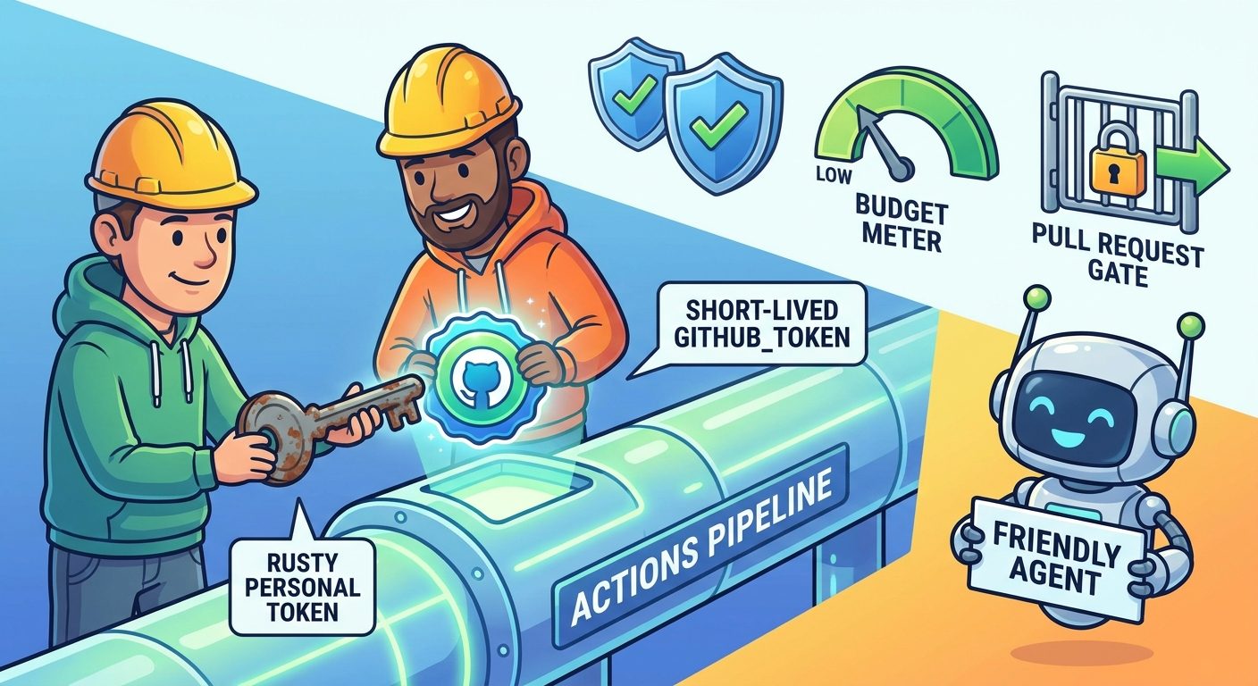 Cartoon developers replacing a personal access token with GITHUB_TOKEN in a safe GitHub Agentic Workflows pipeline