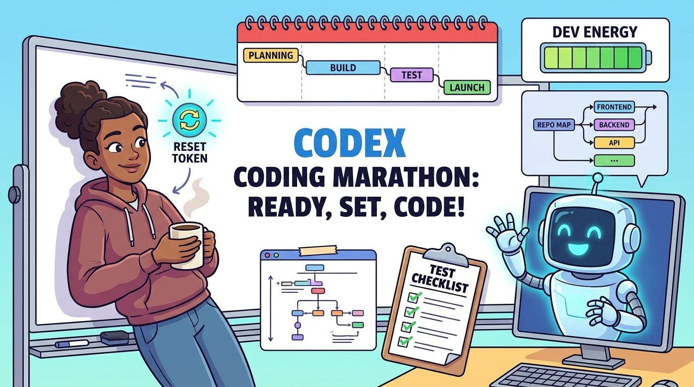 Developer planning a heavy OpenAI Codex coding session with a saved reset token and test checklist