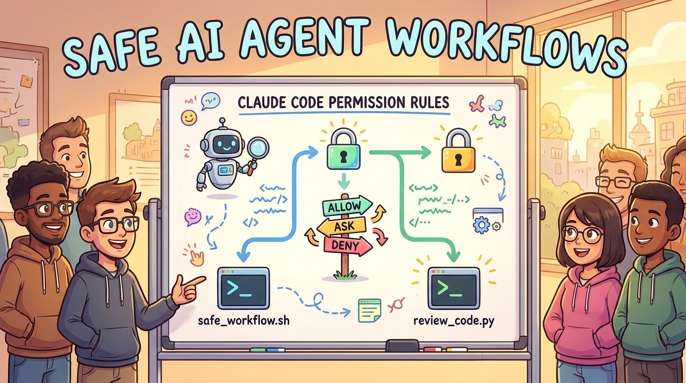 Cartoon developer team planning Claude Code permission rules with safe AI agent workflow gates