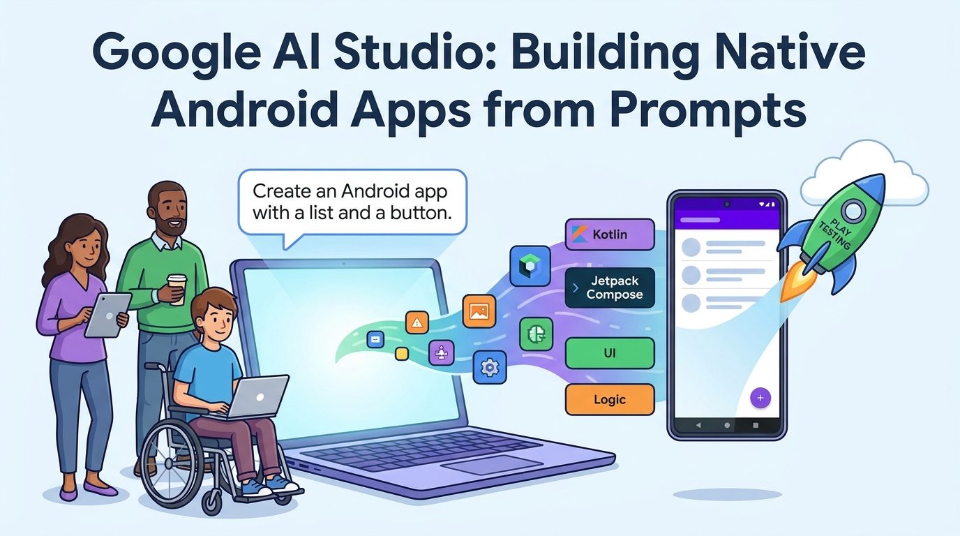 Cartoon builders using Google AI Studio to turn prompts into a native Android app with emulator testing