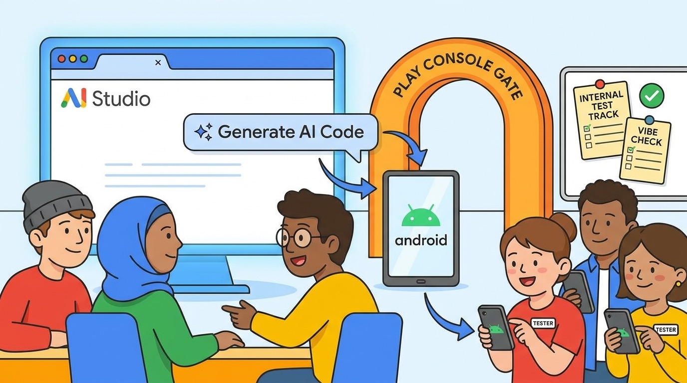 Cartoon-style team preparing a Google AI Studio Android app for Play Store internal testing with checklists and test phones