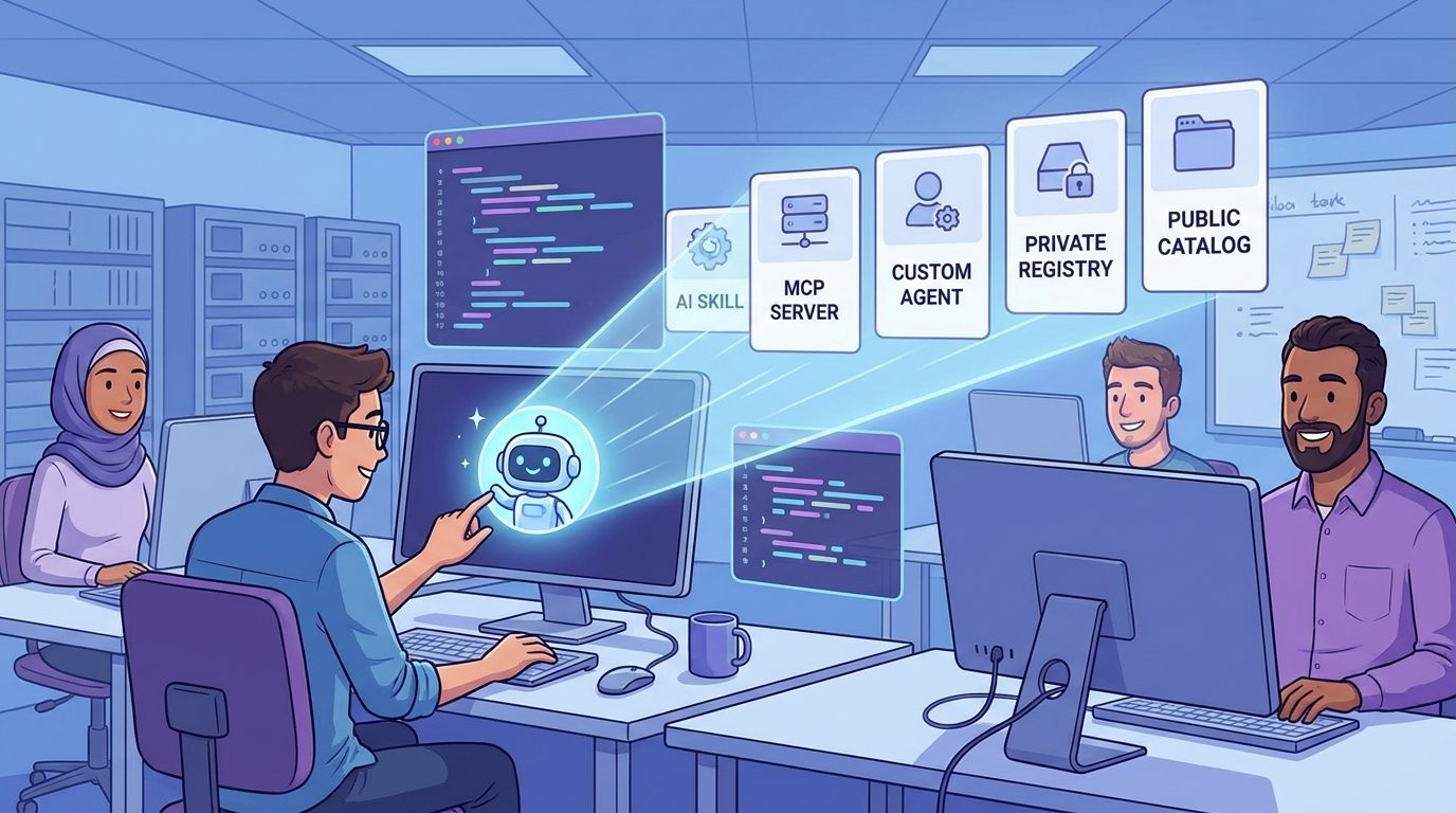 Cartoon developer team using GitHub Copilot Agent Finder to discover the right MCP tools, custom agents, and registry resources