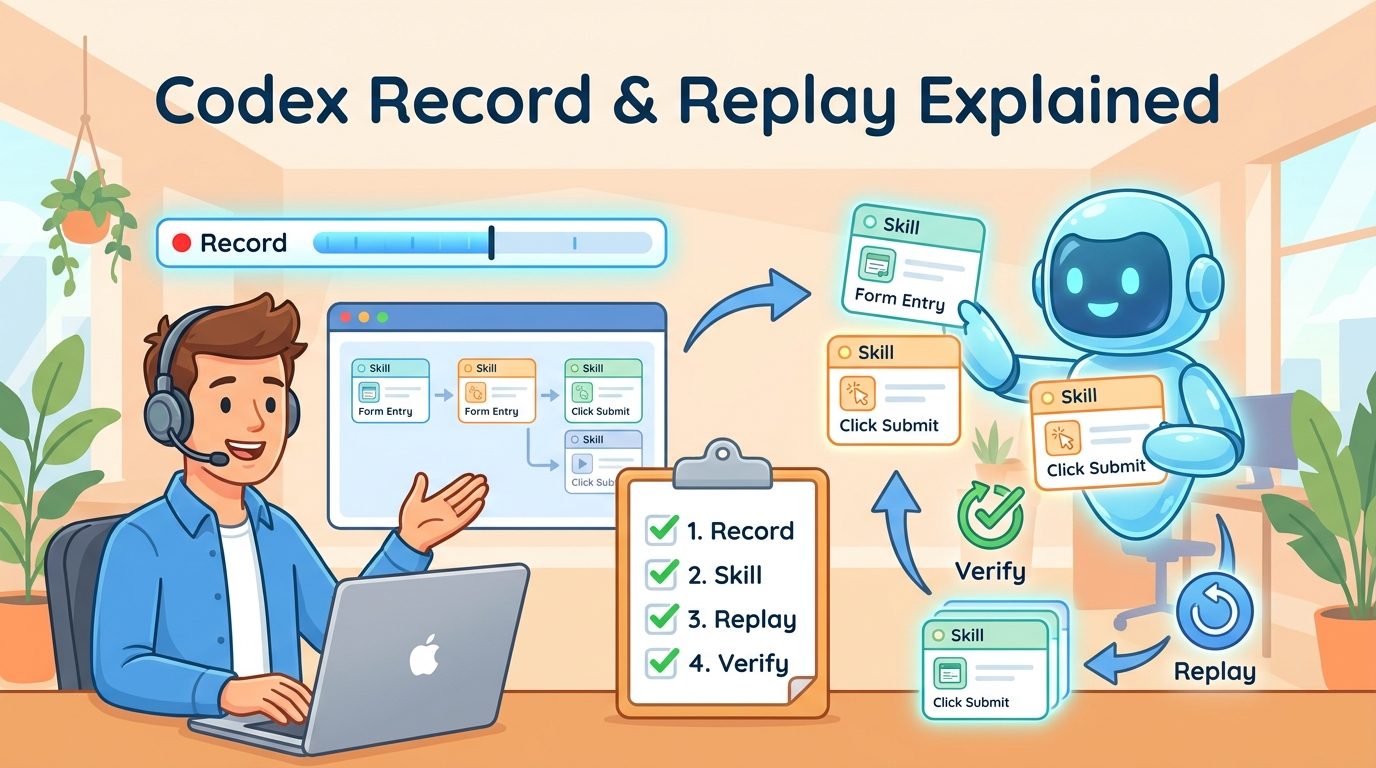 Cartoon developer showing Codex how to record a repetitive Mac workflow and turn it into a reusable AI skill