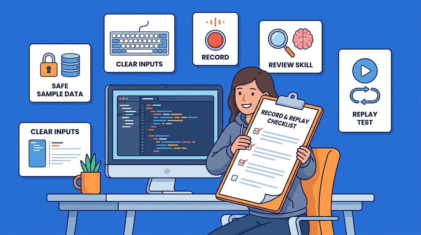 Cartoon-style developer preparing a clean desk checklist before recording an OpenAI Codex workflow into a reusable skill