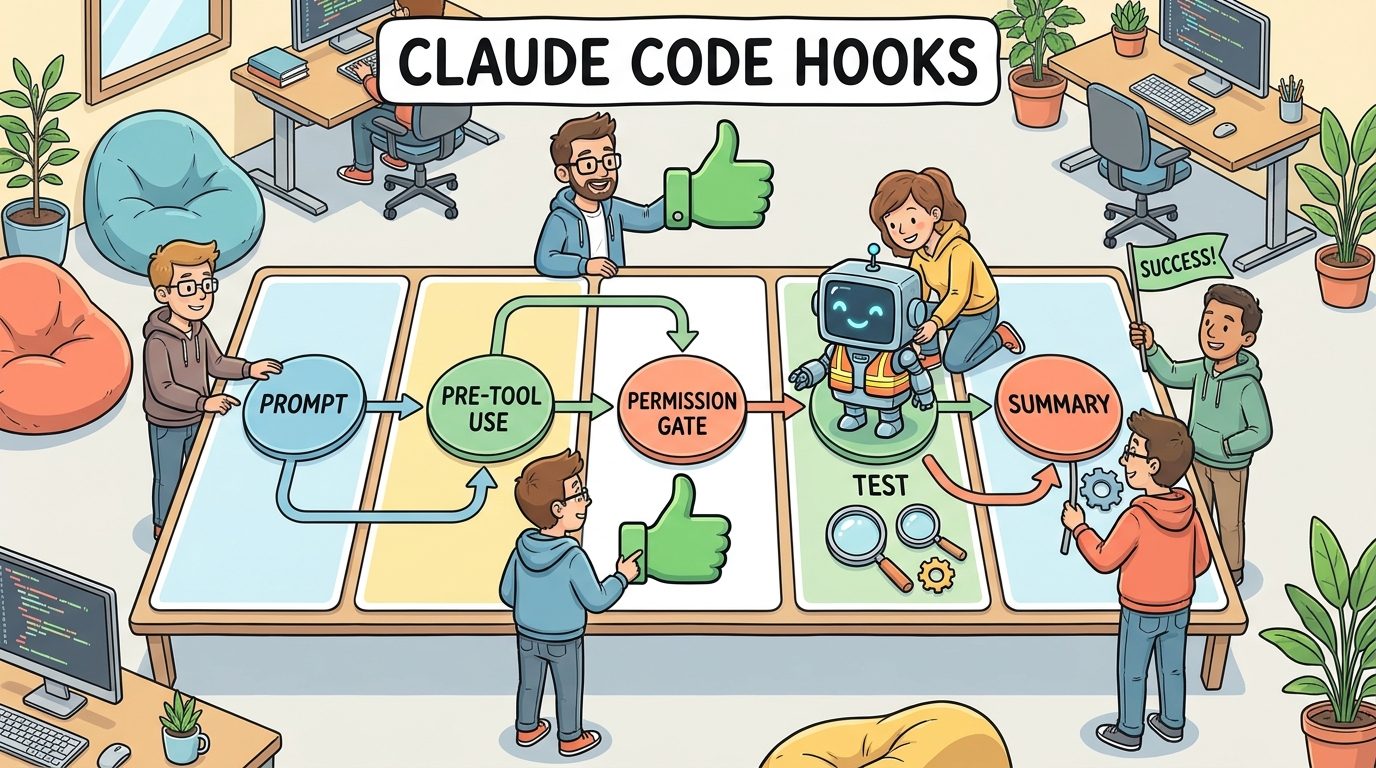 Cartoon developers guiding a Claude Code robot through safe automation checkpoints with hooks, tests, and permission gates