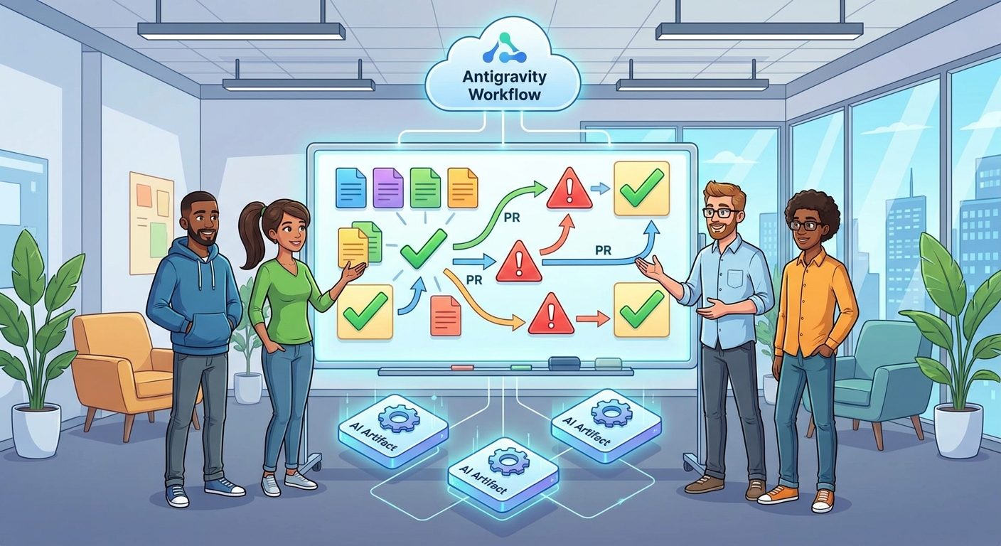 Cartoon developers reviewing Google Antigravity Artifacts from an AI coding agent on a large verification board
