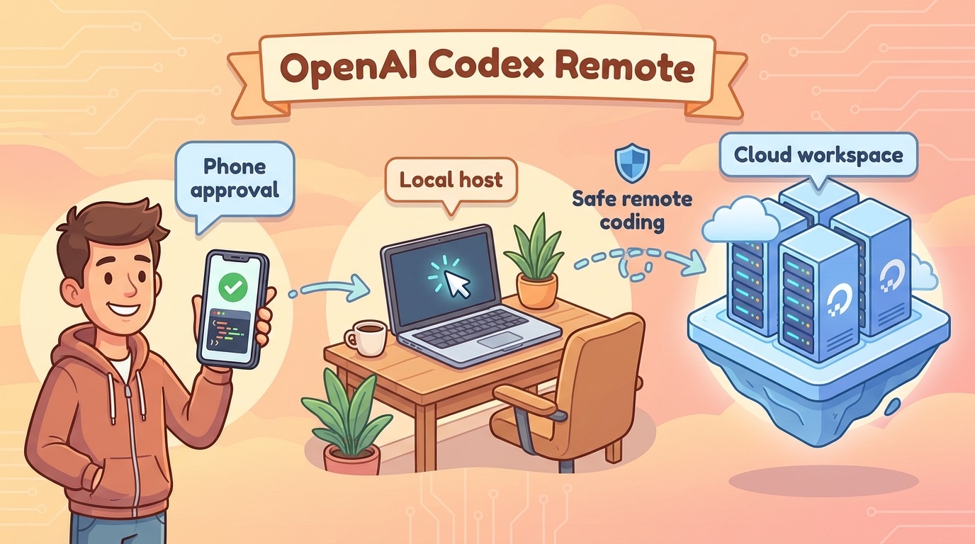 Cartoon developer using a phone to supervise OpenAI Codex working on a laptop and cloud workspace