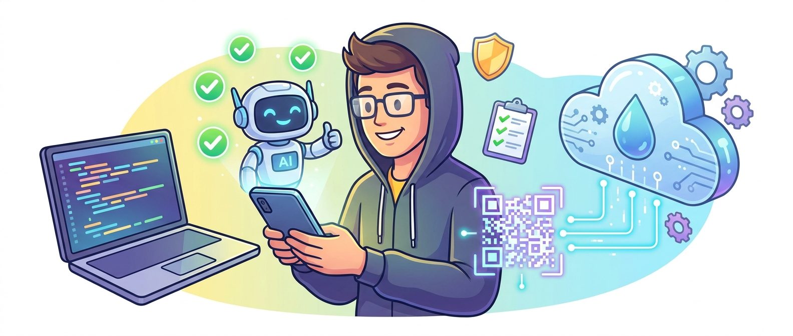 Cartoon developer using a phone to approve Codex Remote work while a clean cloud workspace runs safely in the background