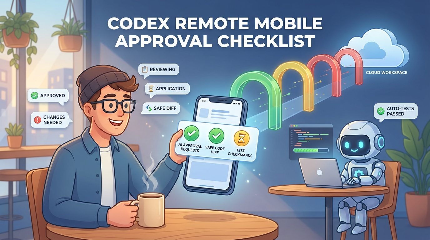 Cartoon developer reviewing Codex Remote approval requests on a phone while an AI coding agent works safely on a connected laptop