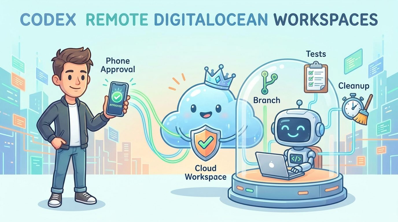 Cartoon developer supervising Codex Remote from a phone while a DigitalOcean cloud workspace builds code safely