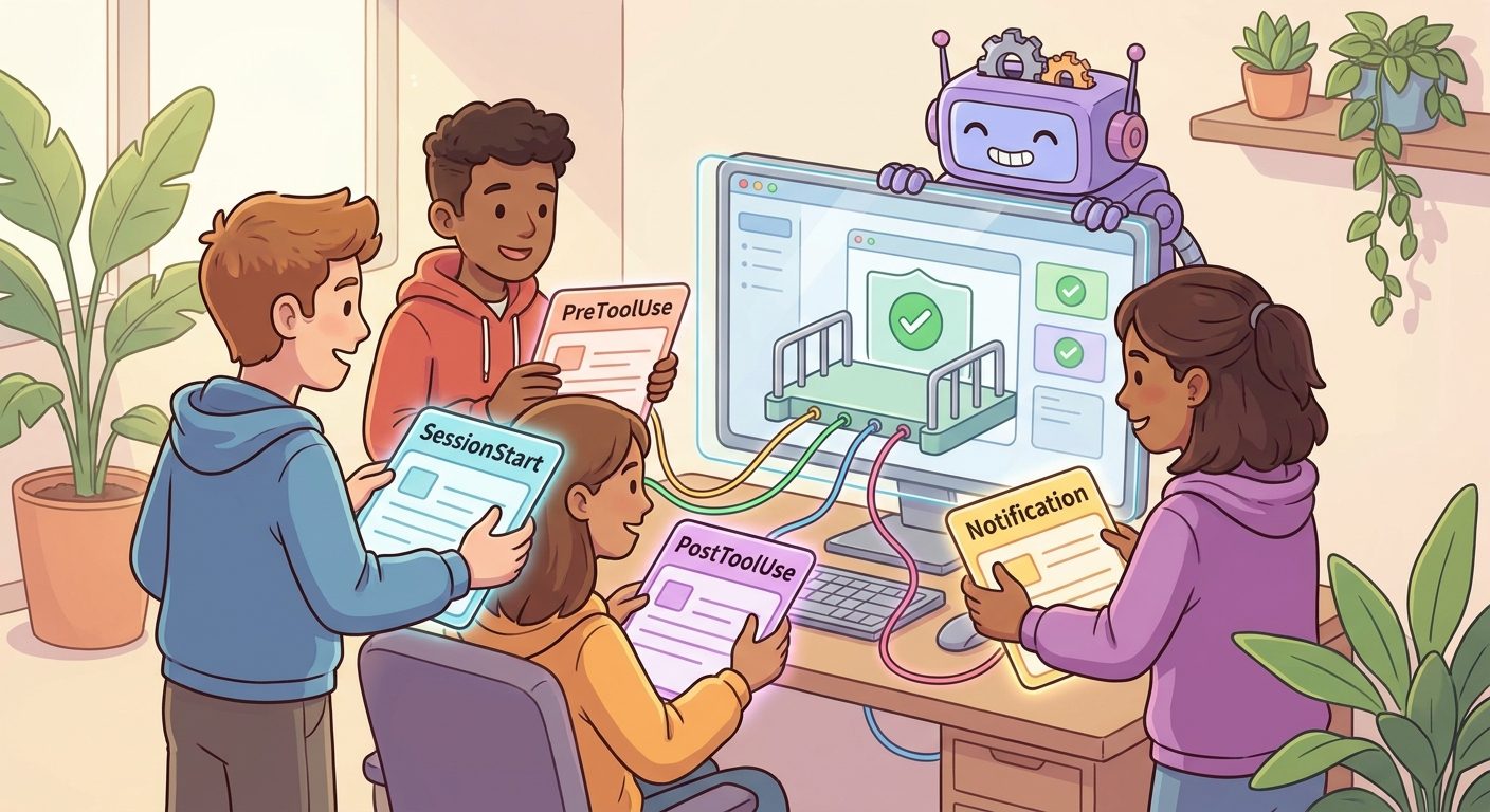 Cartoon developers wiring Claude Code hooks into a safe AI coding workflow with event cards and guardrails