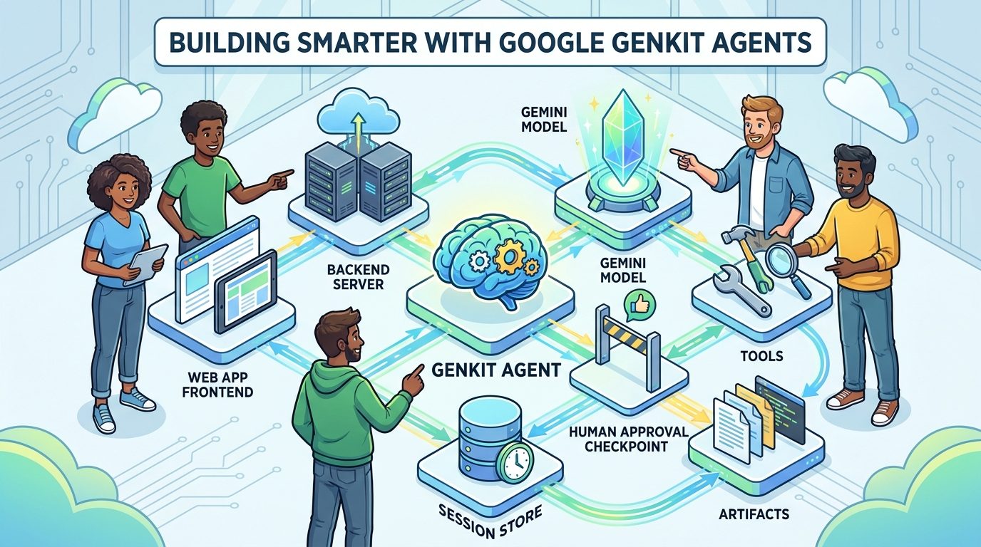 Cartoon full-stack team connecting a web app, Genkit agent, Gemini model, session store, approval gate, and tool workflow