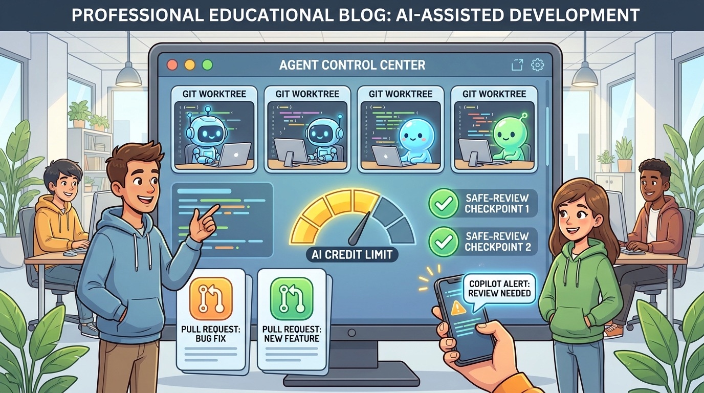 Cartoon developers coordinating GitHub Copilot app agents, AI credit limits, and pull request workflows from a desktop control center