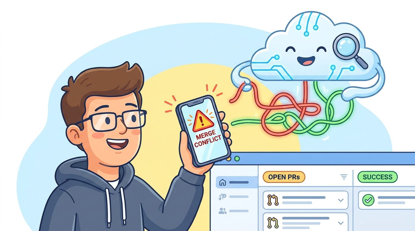 Cartoon developer reviewing a GitHub Mobile pull request while a friendly Copilot cloud agent untangles merge conflict lines