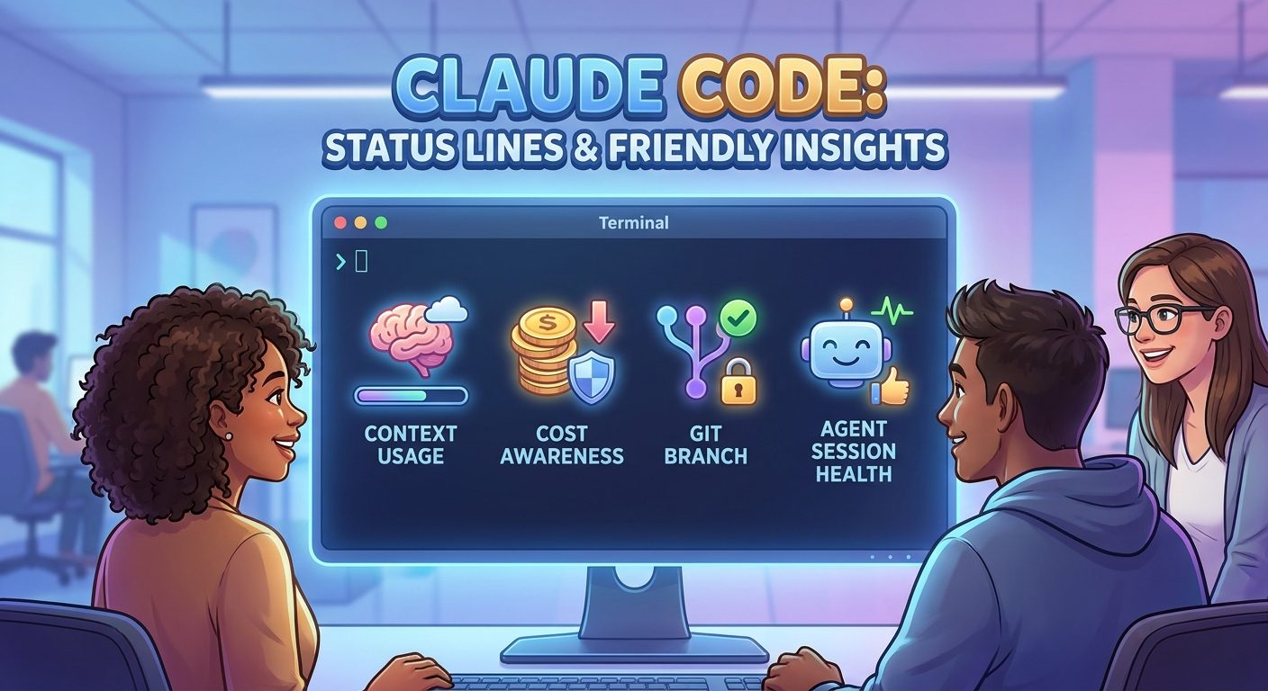 Cartoon software team watching a Claude Code terminal statusline with context, cost, git, and agent health indicators