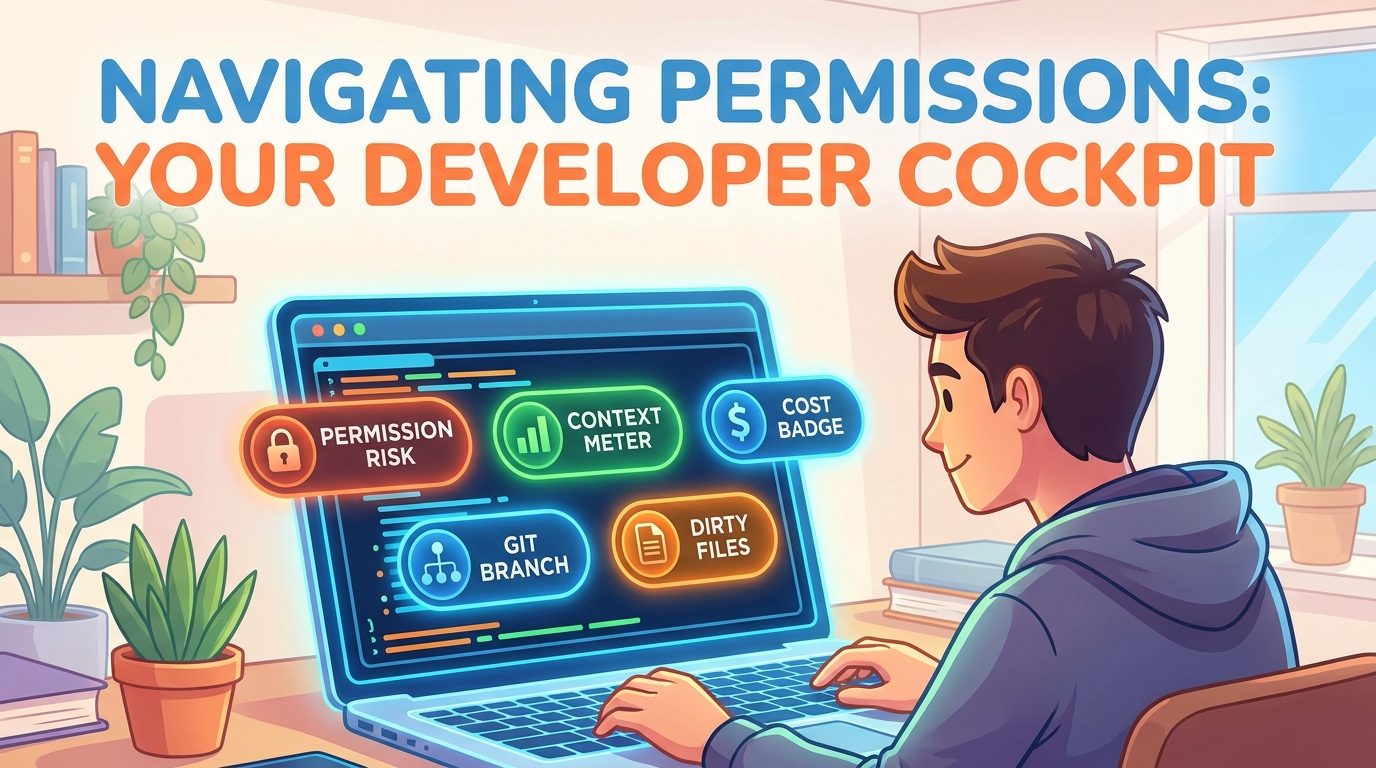 Cartoon developer using a Claude Code terminal with permission alerts, context meter, cost badge, and git branch signals