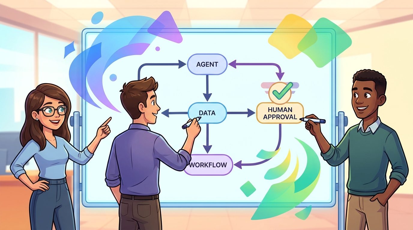Cartoon software team designing Google ADK workflow graphs for reliable AI agents