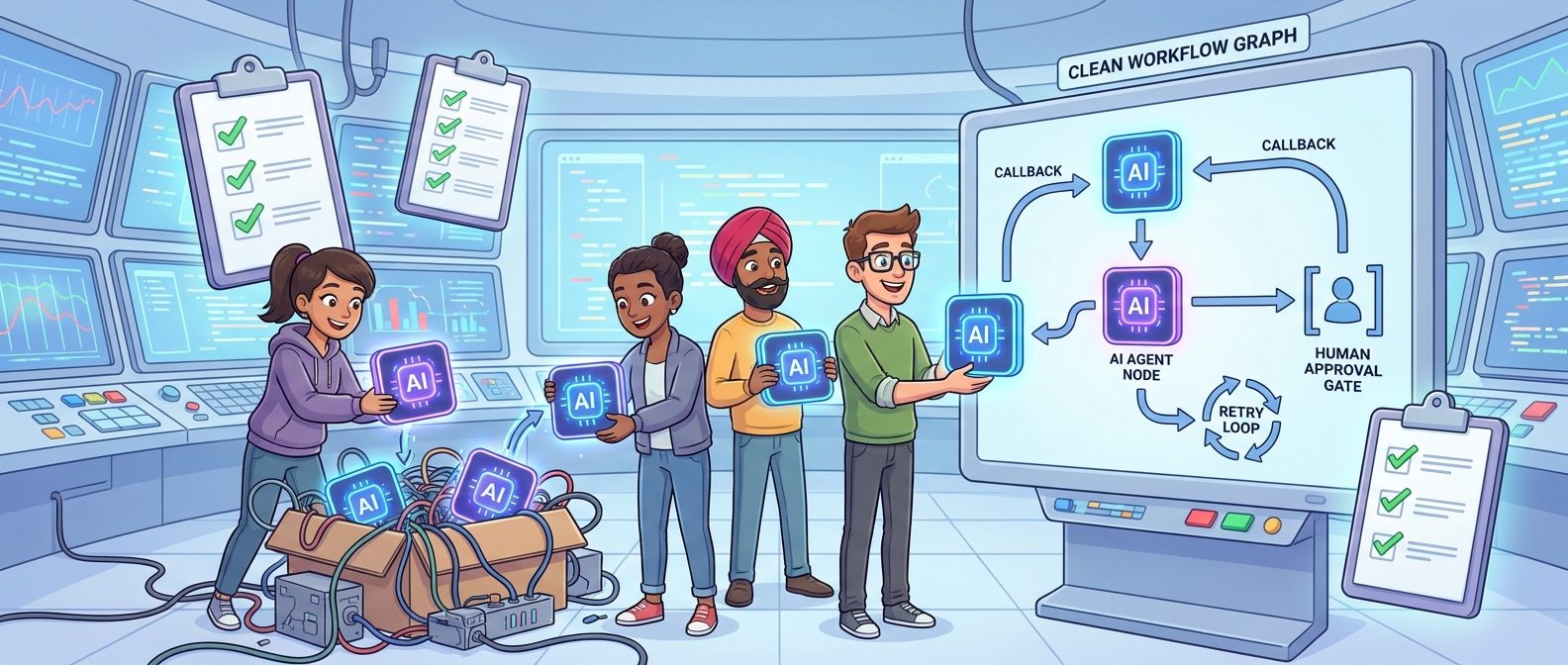 Cartoon software team moving fragile AI agents into a clean ADK 2.0 workflow migration checklist