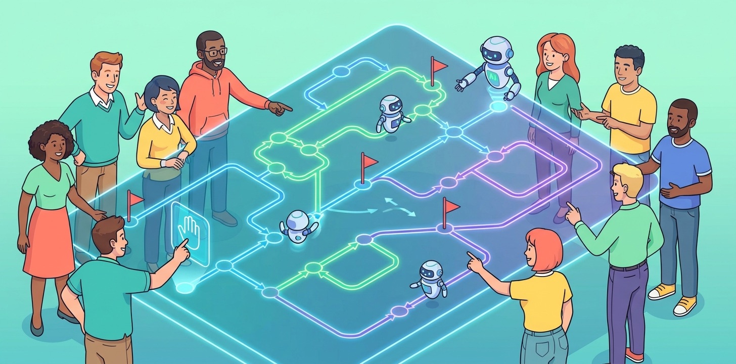 Cartoon engineering team mapping Google ADK dynamic workflows with loops, branches, checkpoints, and agent nodes