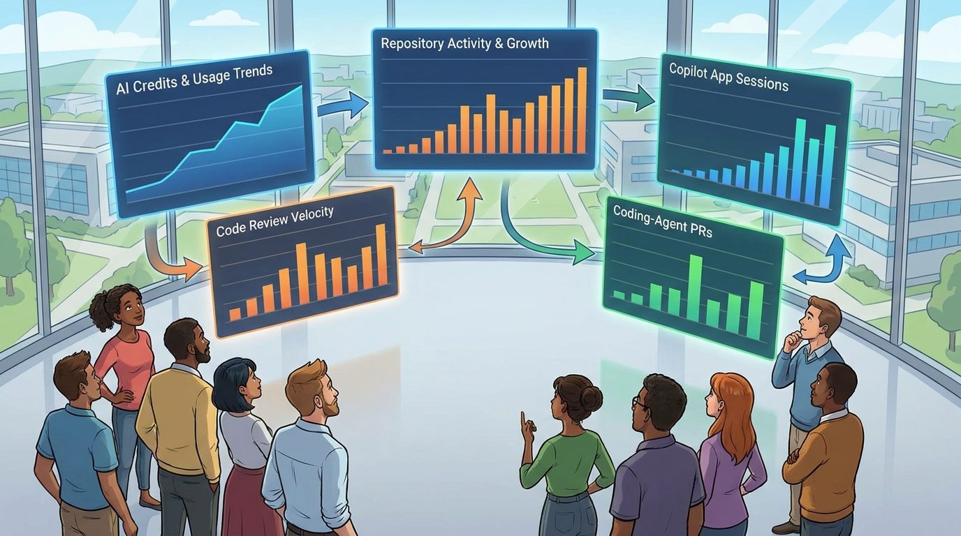 SaaS-style command center showing GitHub Copilot usage metrics, repository activity, AI Credits, and agent adoption dashboards
