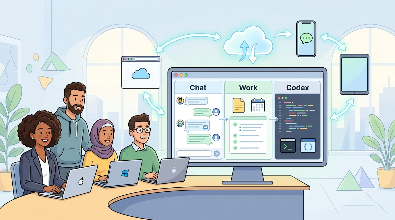 Cartoon professionals using the ChatGPT desktop app with separate Chat, Work, and Codex lanes