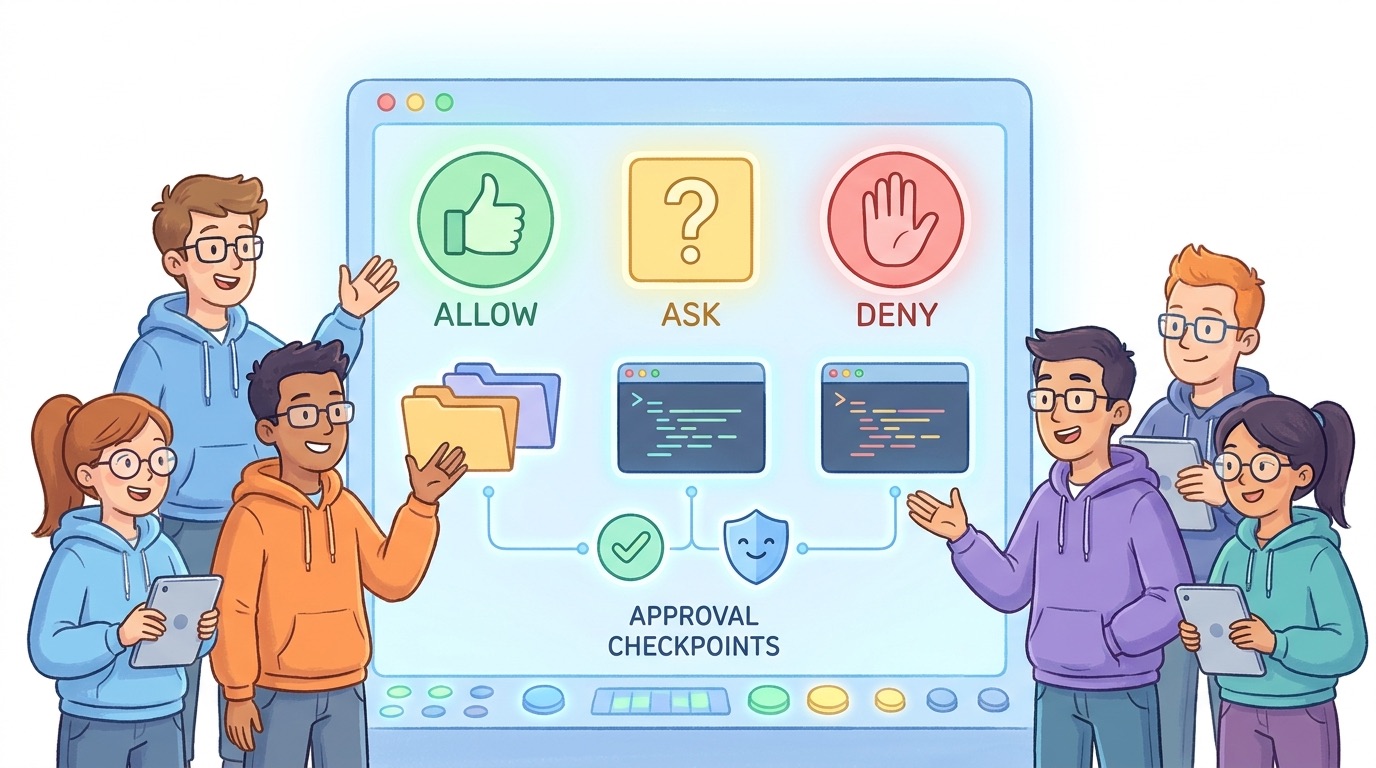 Cartoon developer team configuring Claude Code data scope permissions with allow ask and deny controls