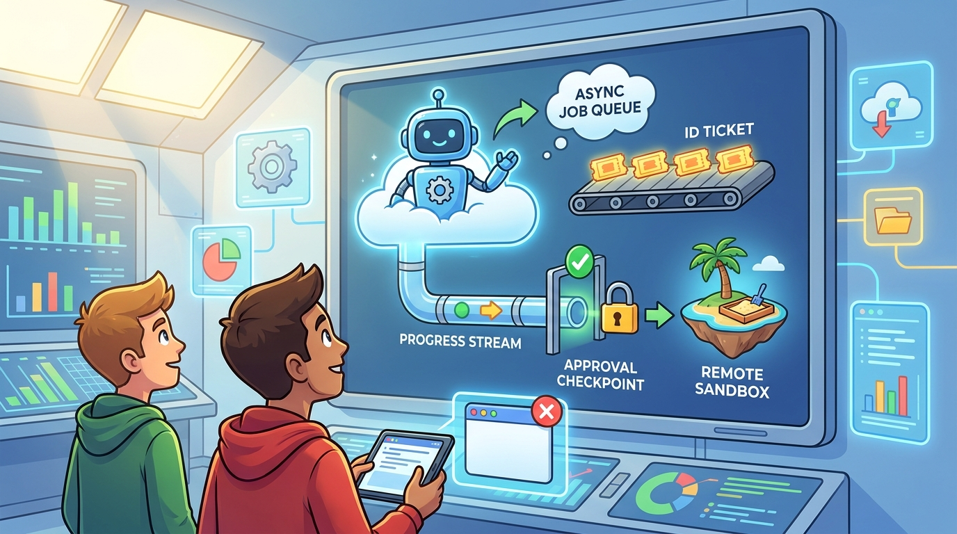 Cartoon developers watching a Gemini background agent continue a cloud task with an interaction ID, progress status, and approval checkpoint