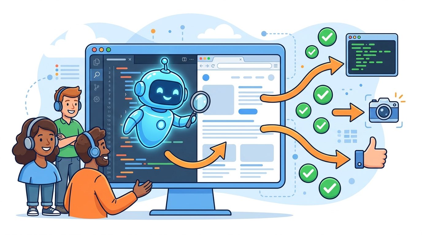 Cartoon developers watching a GitHub Copilot-style agent test a web app in a browser beside code