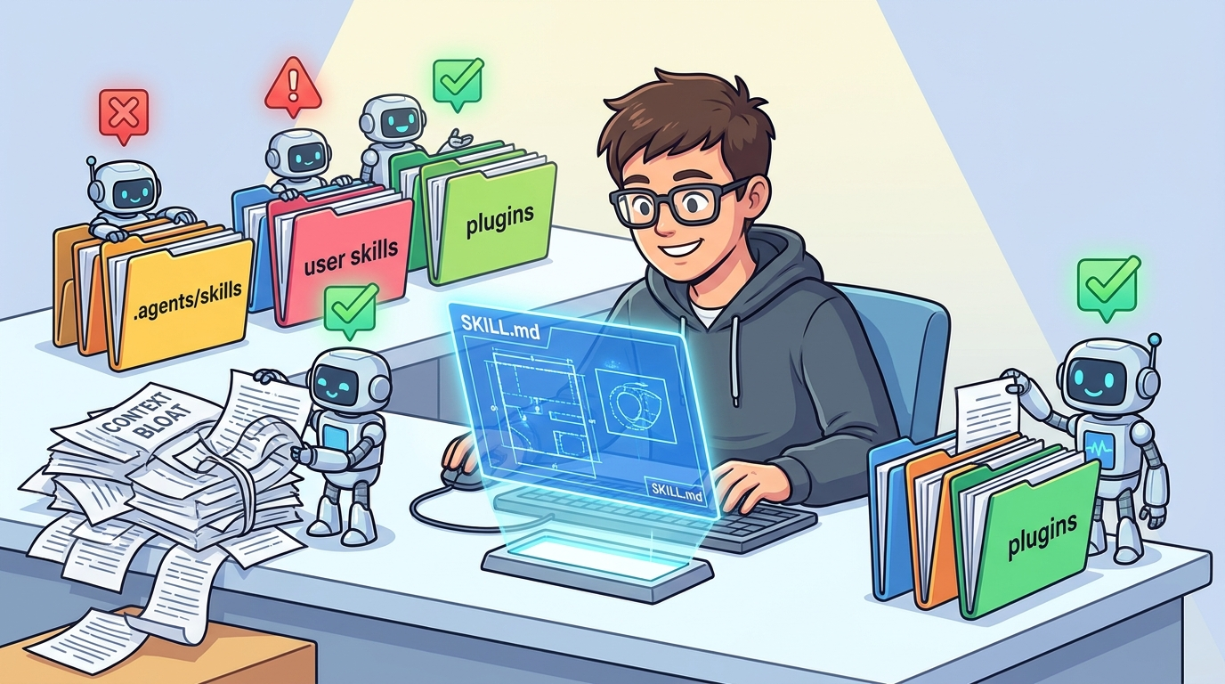 Cartoon developer debugging a Codex SKILL.md blueprint with agent robots sorting skill folders and green checkmarks