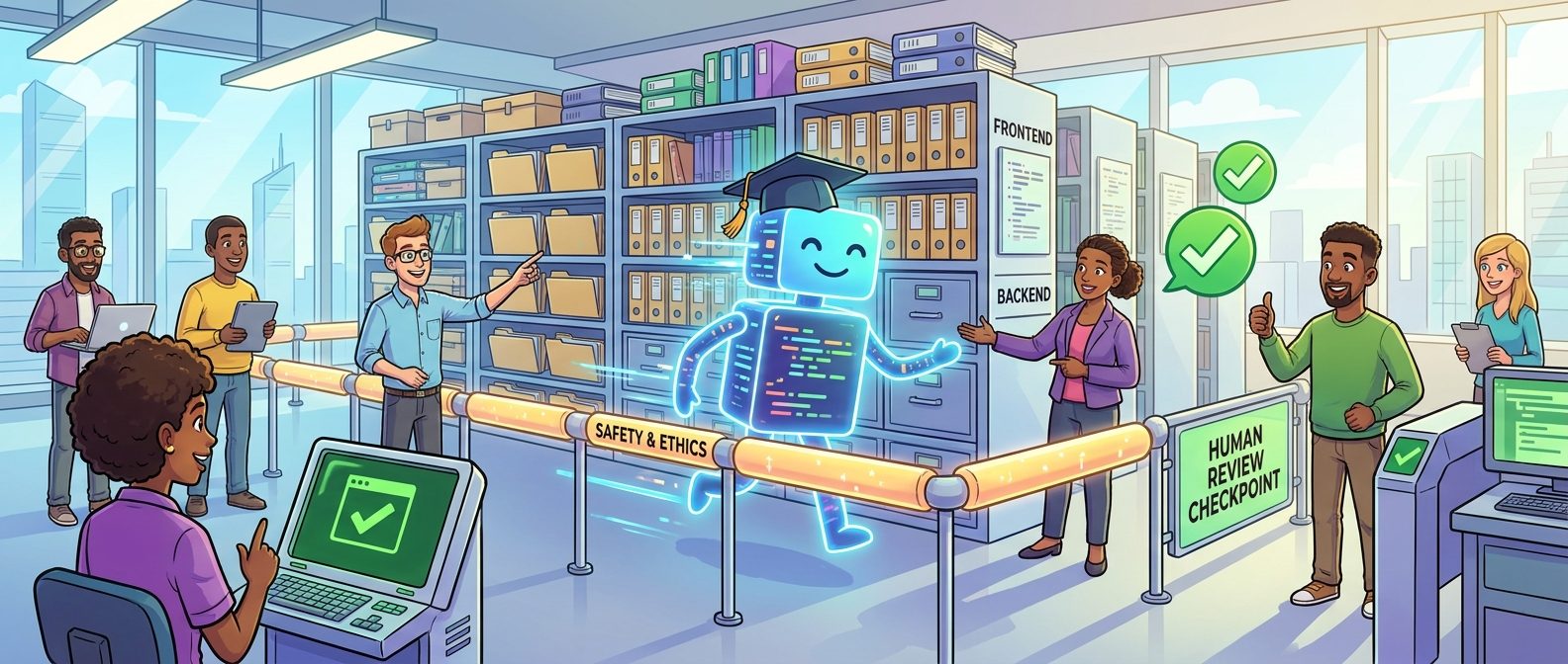 Cartoon developers guiding a giant Claude Opus 5 coding agent through a safe 1M context workflow