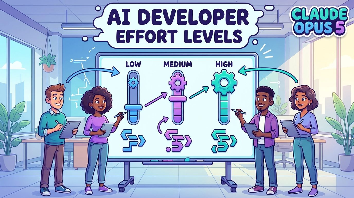 Cartoon developers choosing Claude Opus 5 effort levels for coding agents on a colorful workflow board
