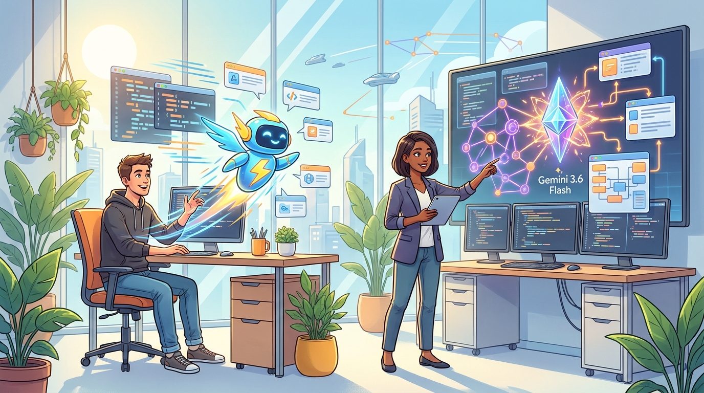 Cartoon developers routing AI app tasks between Gemini 3.6 Flash and Gemini Flash-Lite workflows