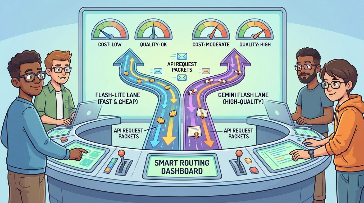 Cartoon developer team routing Gemini API requests between Flash-Lite and Gemini Flash lanes with cost and quality gauges