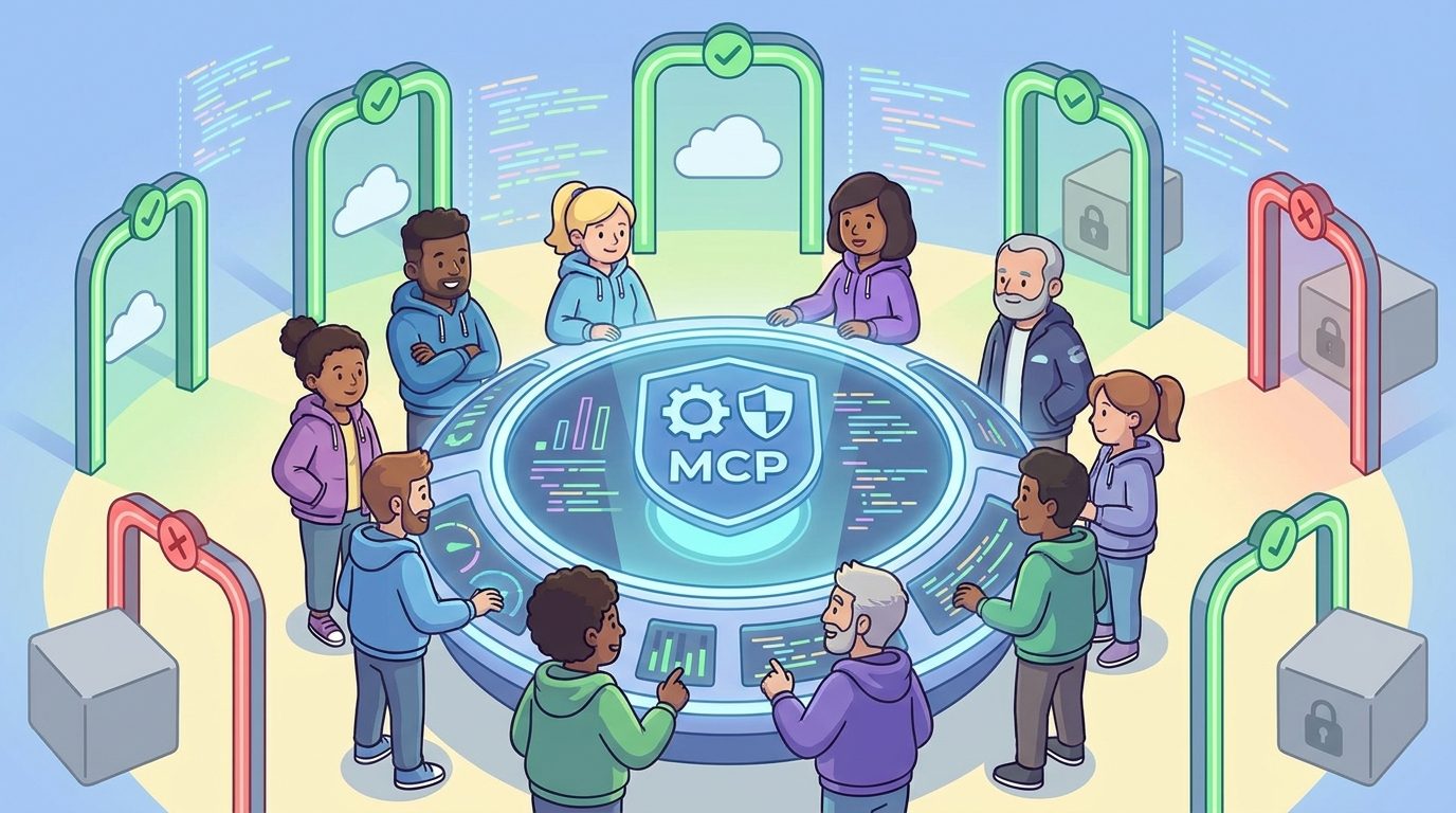 Cartoon developers managing safe GitHub Copilot MCP allowlists for AI coding agent tools