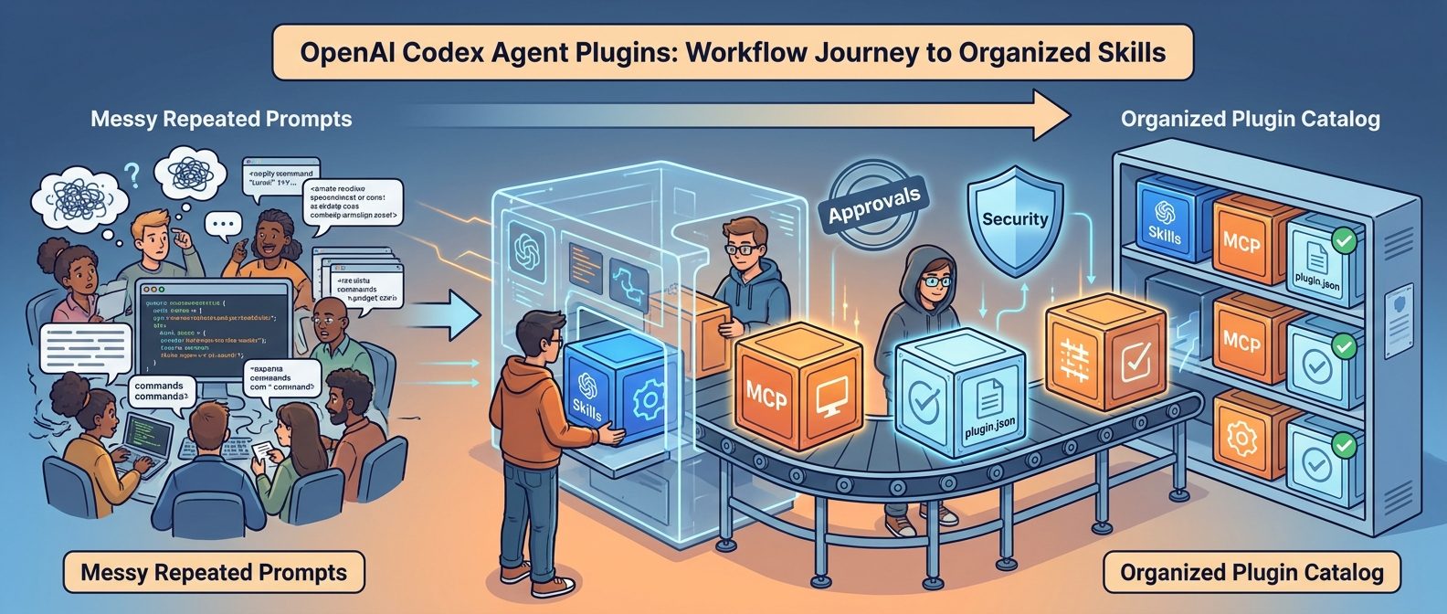 Cartoon developers organizing OpenAI Codex Agent Plugins, skills, MCP connectors, and approval workflows into a portable plugin catalog