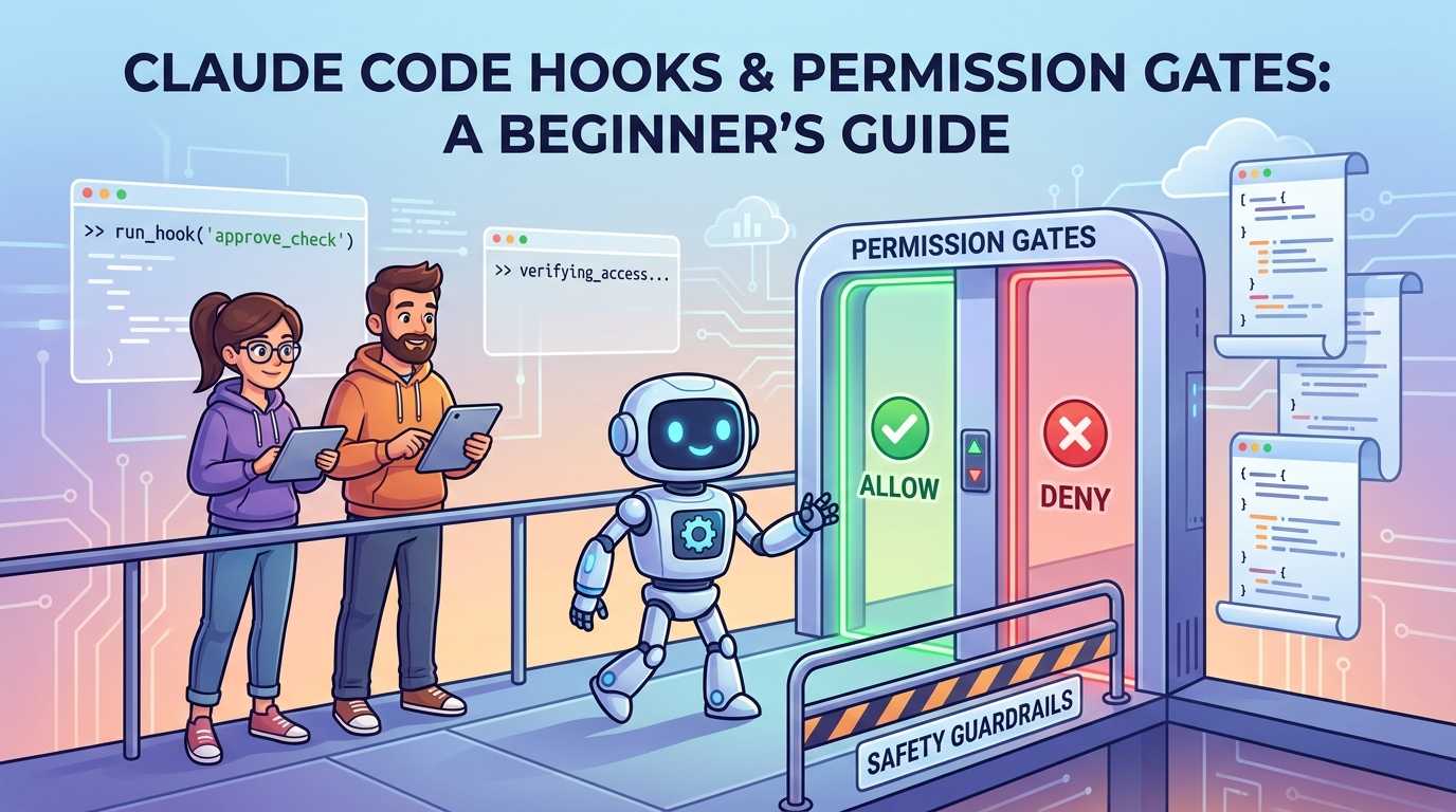 Cartoon software team using Claude Code hooks as permission gates before AI tool calls run