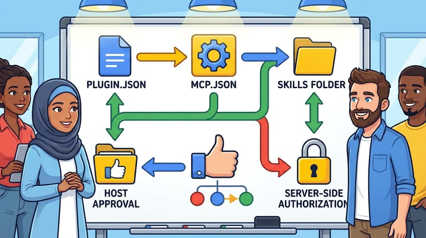 Cartoon developers reviewing Google Agent Plugins permissions with MCP servers and skills before deployment